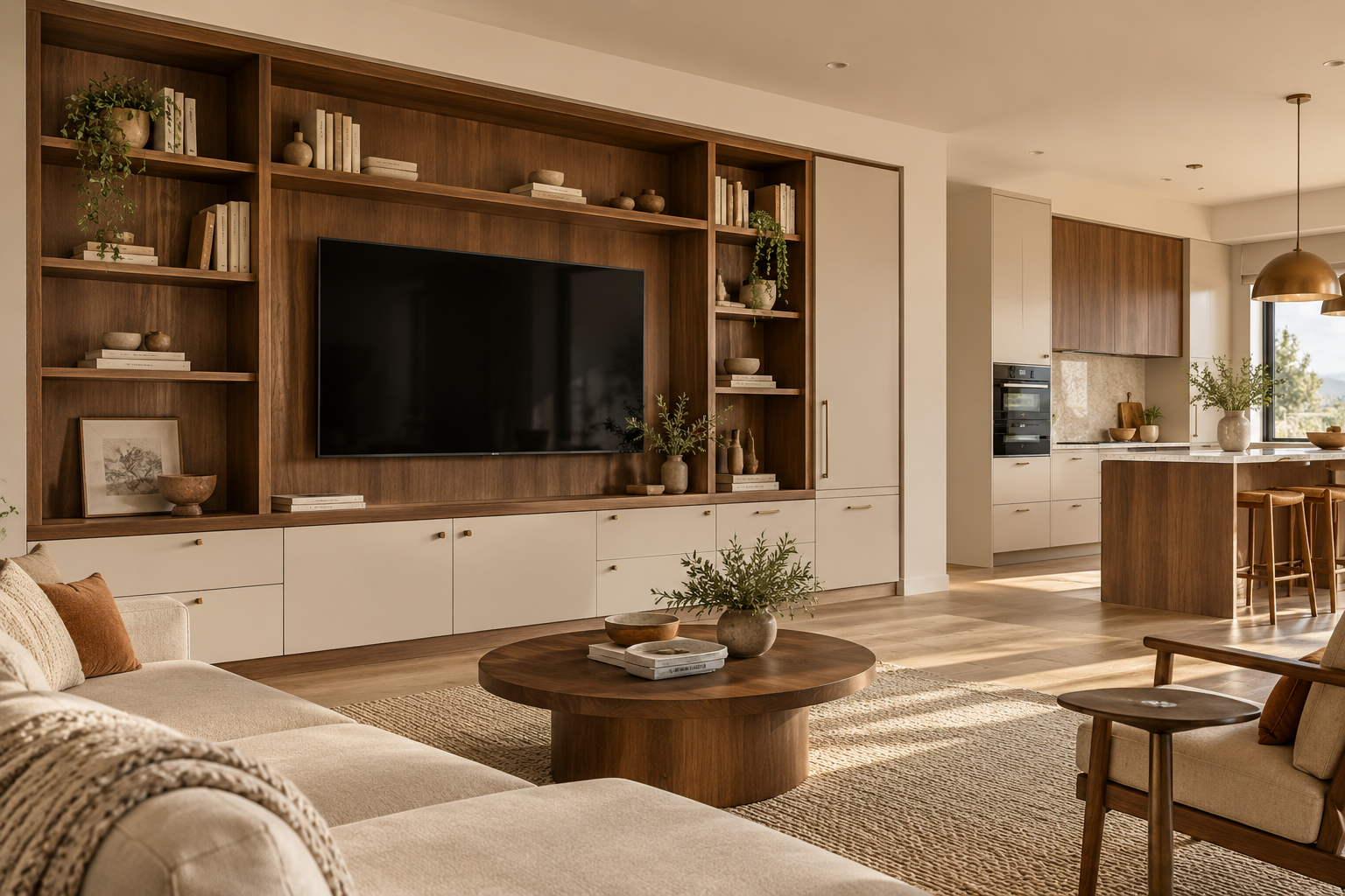 Interior con mobiliario integrado en madera y tonos claros